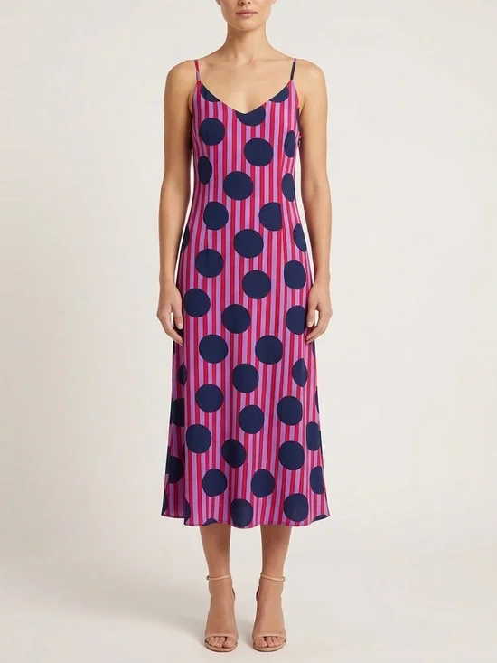 Pink Navy Polka Dot Wrap Midi Dress 3 in 1 Convertible Flowy Chic - Picture 2 of 12